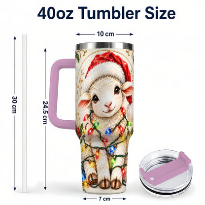 #pl[40oz|Pink] Christmas Lamb 40oz Tumbler with Handle, Festive Sheep Lights Design