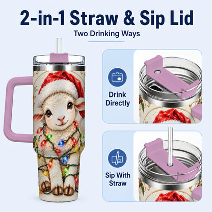 #pl[40oz|Pink] Christmas Lamb 40oz Tumbler with Handle, Festive Sheep Lights Design