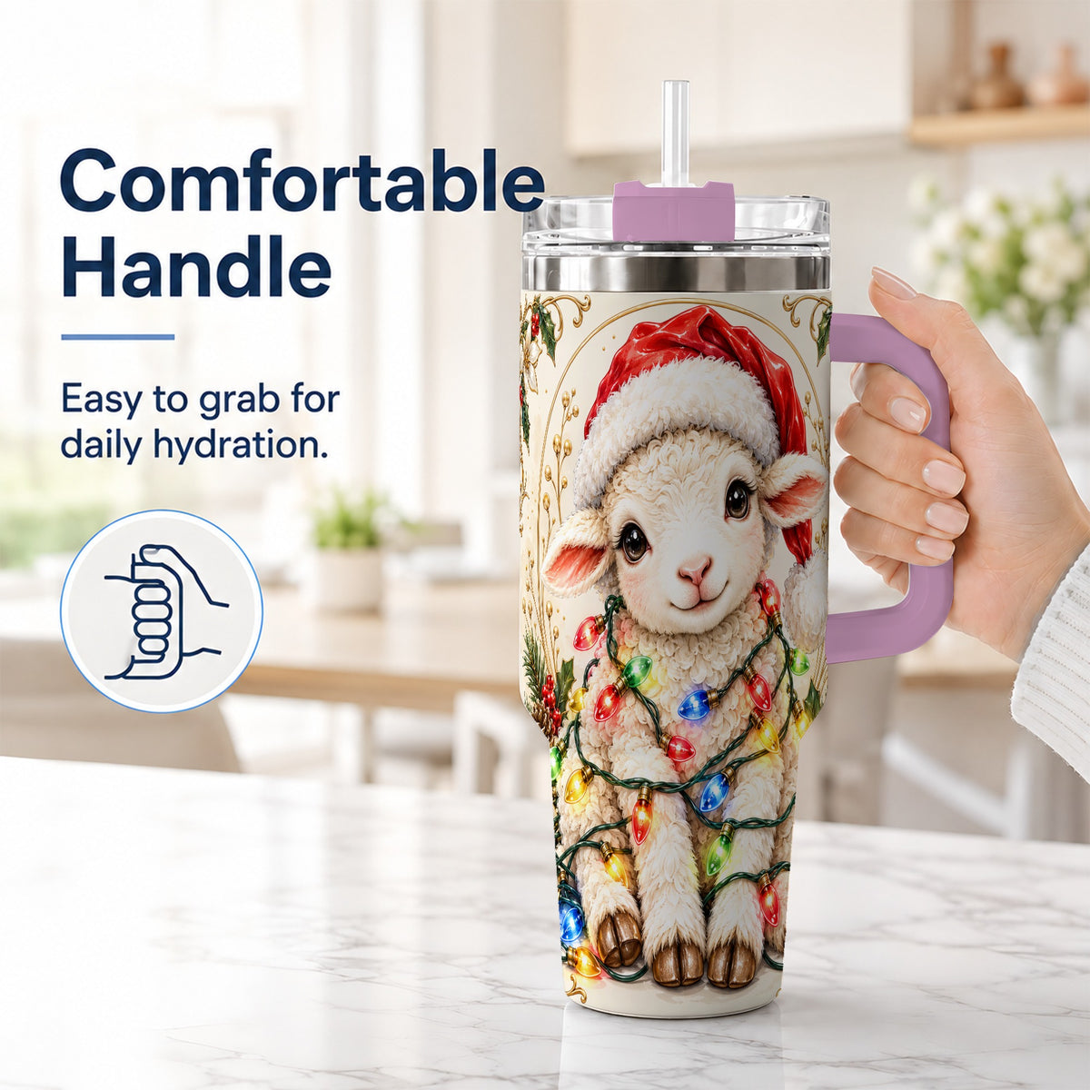 #pl[40oz|Pink] Christmas Lamb 40oz Tumbler with Handle, Festive Sheep Lights Design