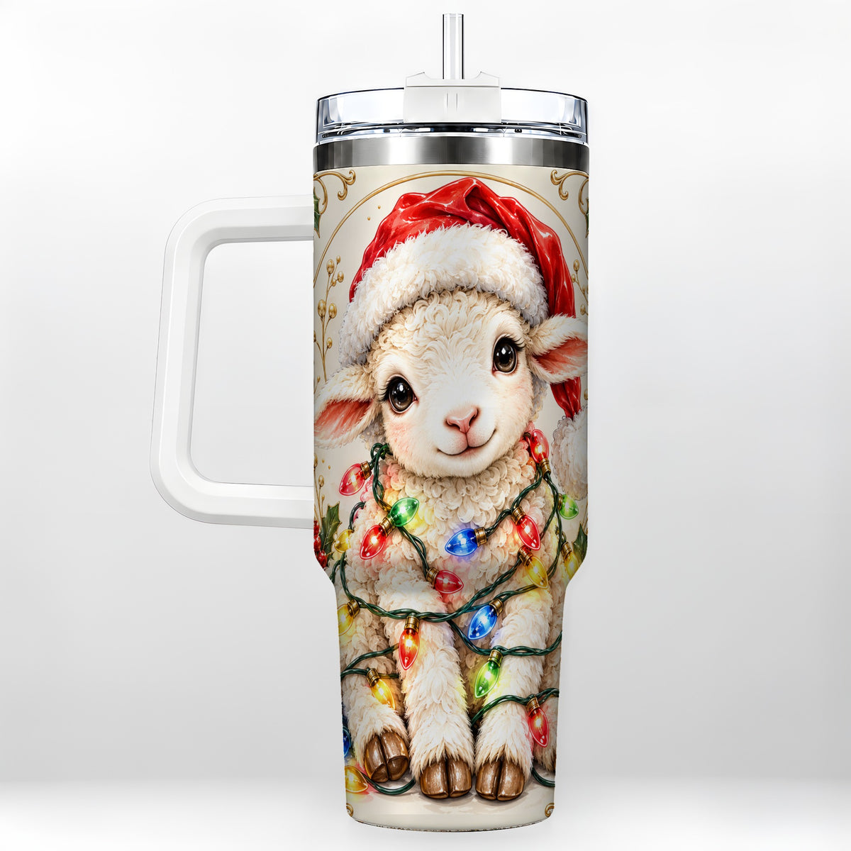 Christmas Lamb 40oz Tumbler with Handle, Festive Sheep Lights Design