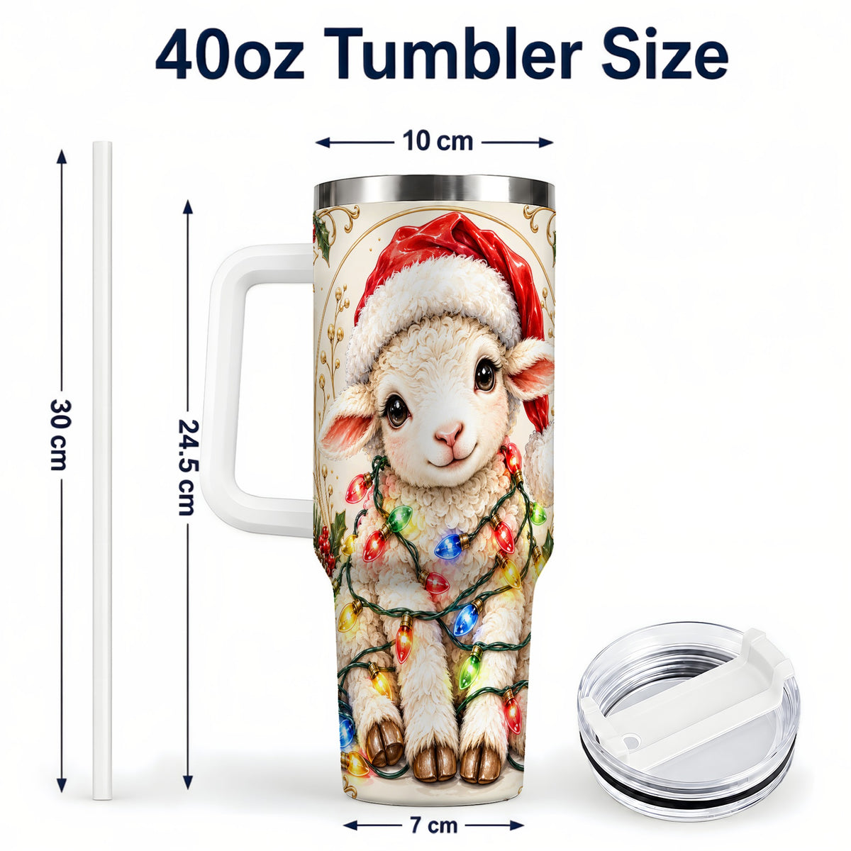 #pl[40oz|White] Christmas Lamb 40oz Tumbler with Handle, Festive Sheep Lights Design