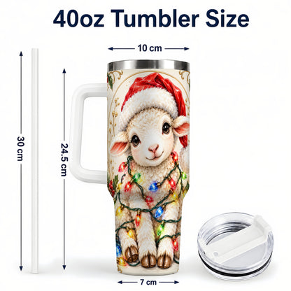#pl[40oz|White] Christmas Lamb 40oz Tumbler with Handle, Festive Sheep Lights Design