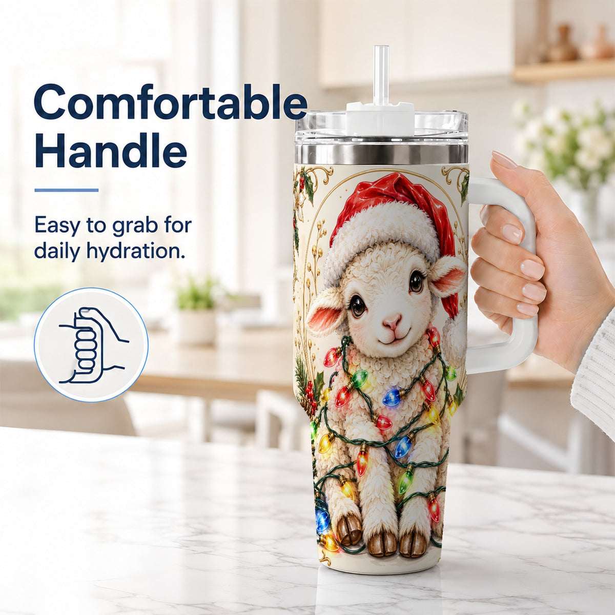 #pl[40oz|White] Christmas Lamb 40oz Tumbler with Handle, Festive Sheep Lights Design