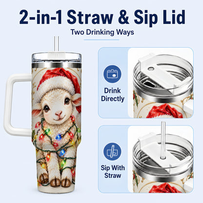 #pl[40oz|White] Christmas Lamb 40oz Tumbler with Handle, Festive Sheep Lights Design