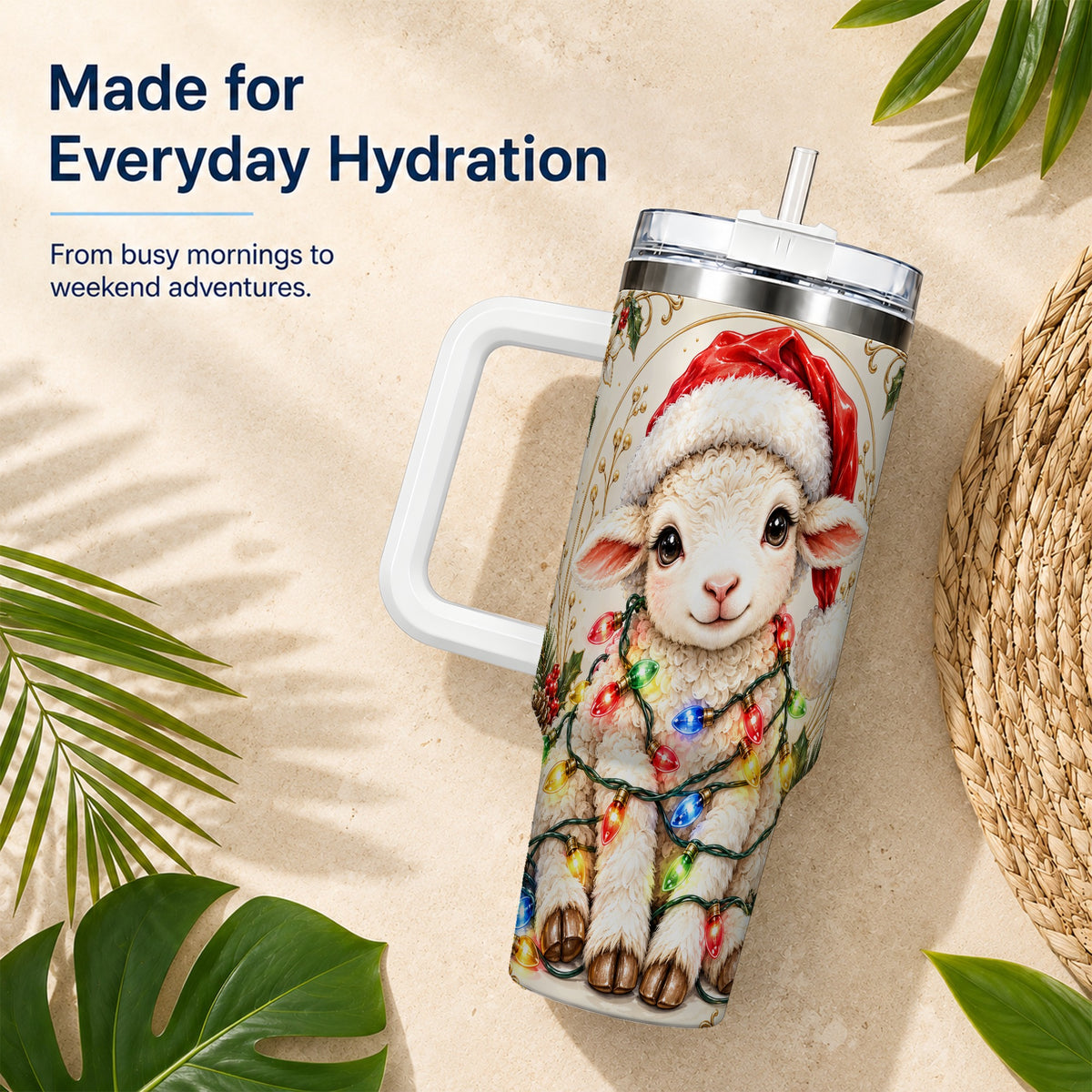 Christmas Lamb 40oz Tumbler with Handle, Festive Sheep Lights Design