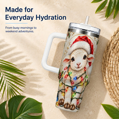 Christmas Lamb 40oz Tumbler with Handle, Festive Sheep Lights Design