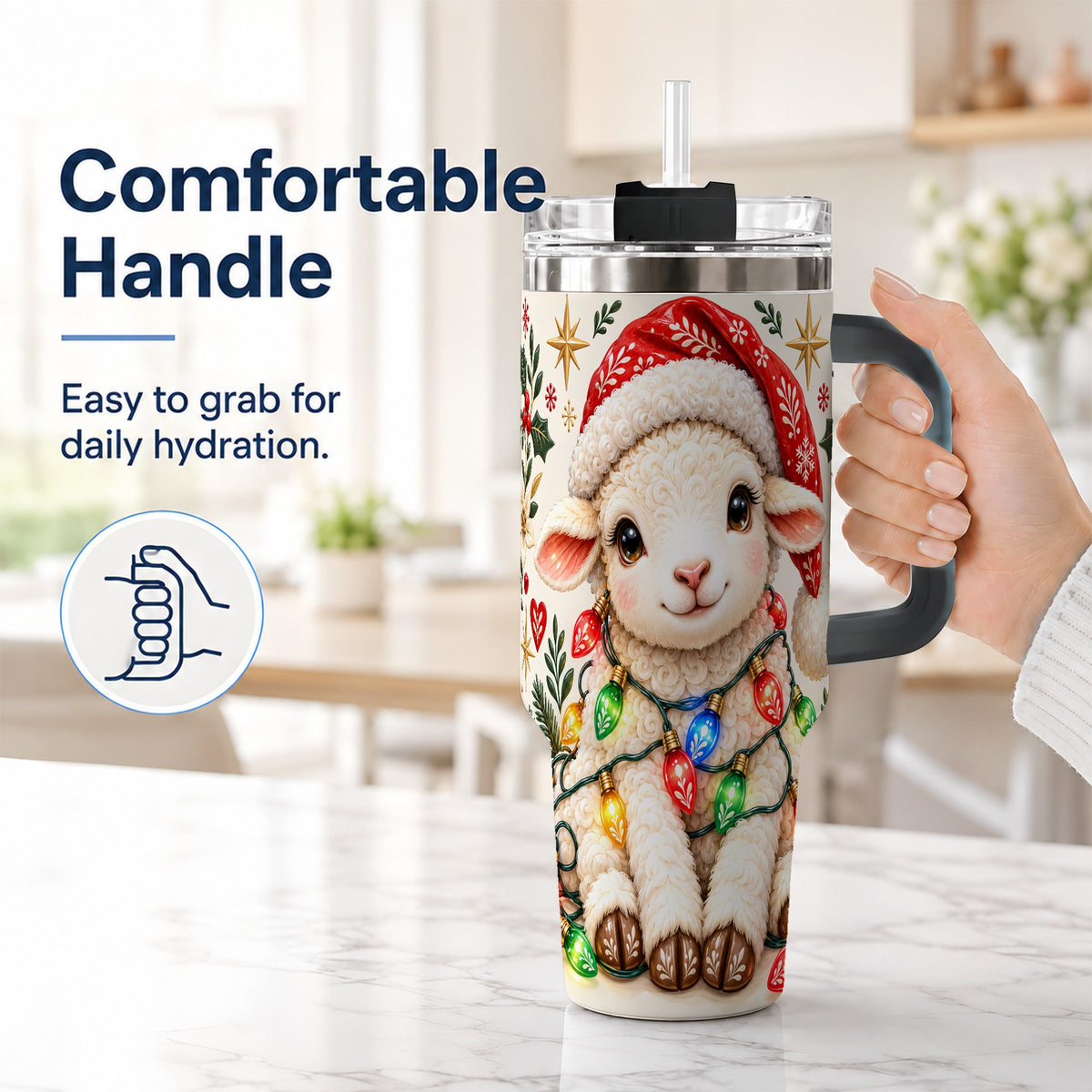 #pl[40oz|Black] Christmas Sheep 40oz Tumbler with Handle, Cute Holiday Lamb Design