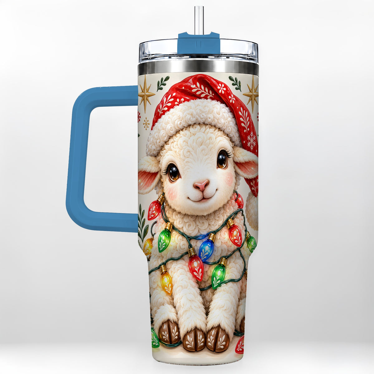 #pl[40oz|Blue] Christmas Sheep 40oz Tumbler with Handle, Cute Holiday Lamb Design