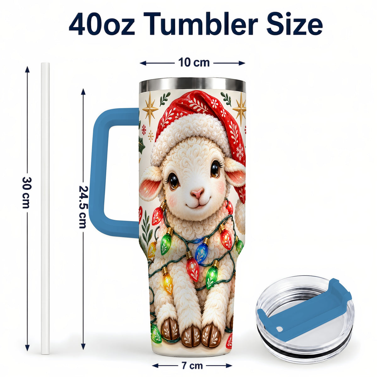 #pl[40oz|Blue] Christmas Sheep 40oz Tumbler with Handle, Cute Holiday Lamb Design