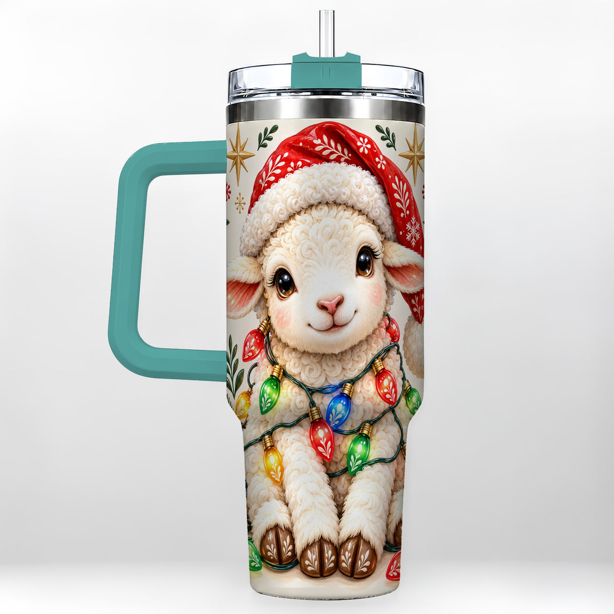 #pl[40oz|Green] Christmas Sheep 40oz Tumbler with Handle, Cute Holiday Lamb Design