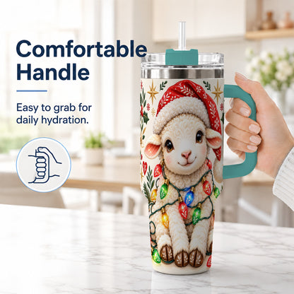 #pl[40oz|Green] Christmas Sheep 40oz Tumbler with Handle, Cute Holiday Lamb Design