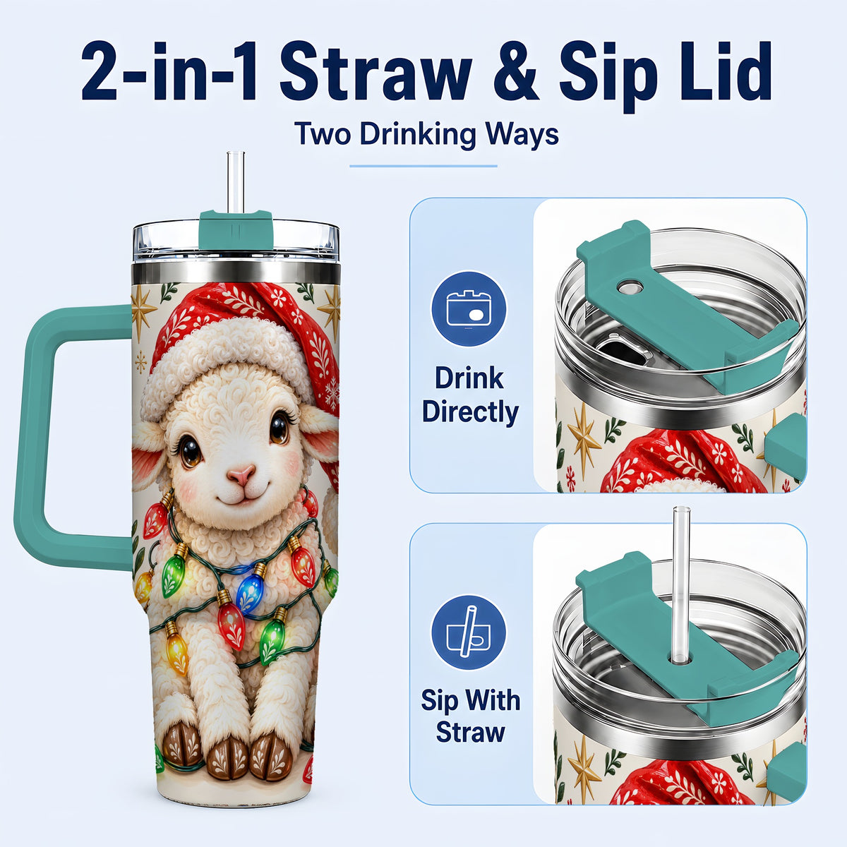 #pl[40oz|Green] Christmas Sheep 40oz Tumbler with Handle, Cute Holiday Lamb Design