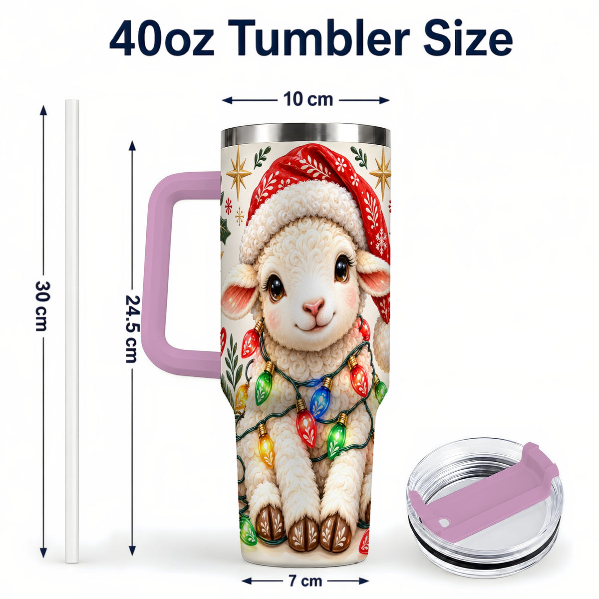 #pl[40oz|Pink] Christmas Sheep 40oz Tumbler with Handle, Cute Holiday Lamb Design