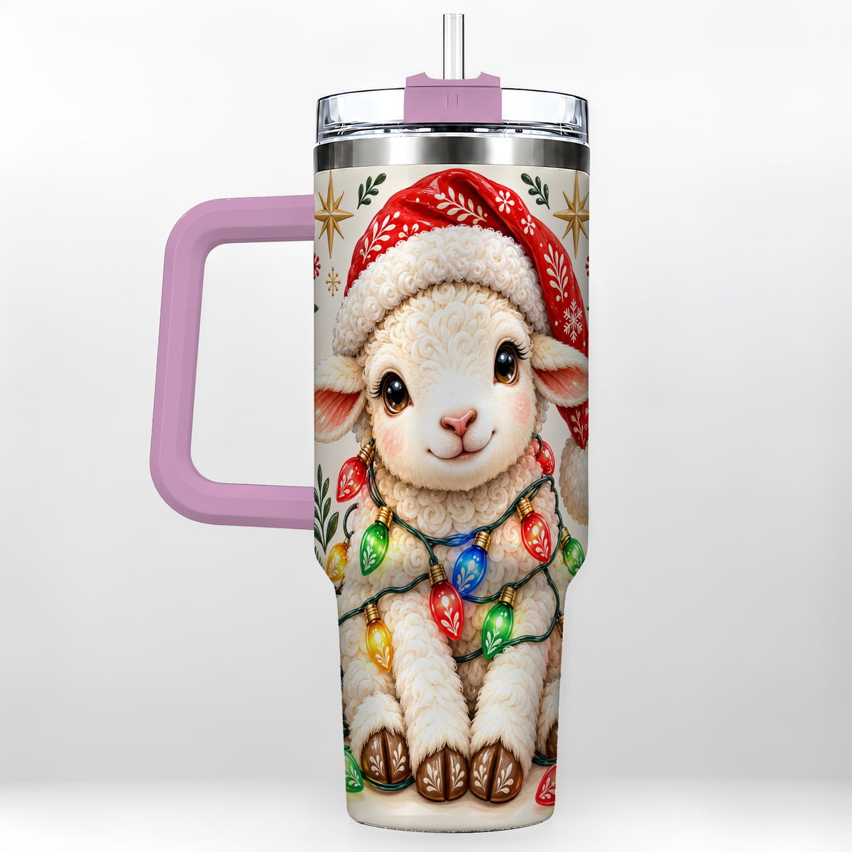 #pl[40oz|Pink] Christmas Sheep 40oz Tumbler with Handle, Cute Holiday Lamb Design
