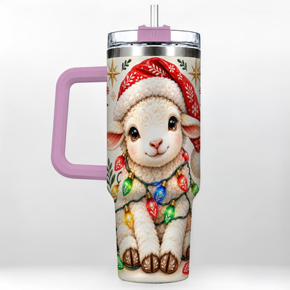 #pl[40oz|Pink] Christmas Sheep 40oz Tumbler with Handle, Cute Holiday Lamb Design