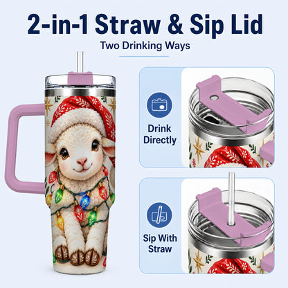 #pl[40oz|Pink] Christmas Sheep 40oz Tumbler with Handle, Cute Holiday Lamb Design