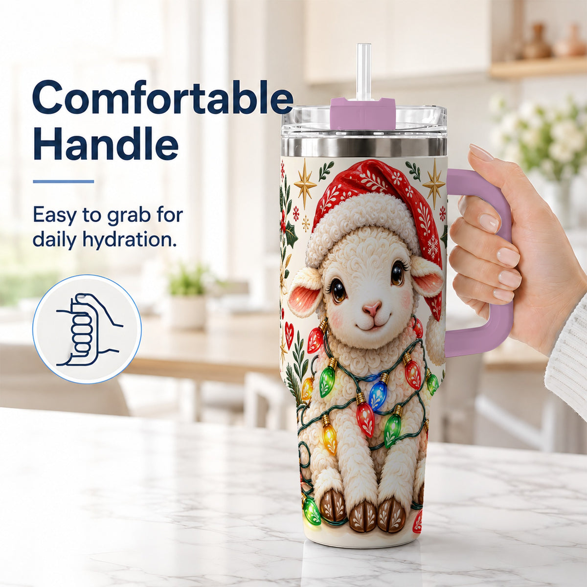 #pl[40oz|Pink] Christmas Sheep 40oz Tumbler with Handle, Cute Holiday Lamb Design
