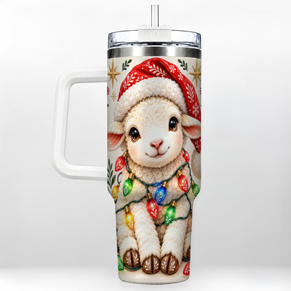 Christmas Sheep 40oz Tumbler with Handle, Cute Holiday Lamb Design