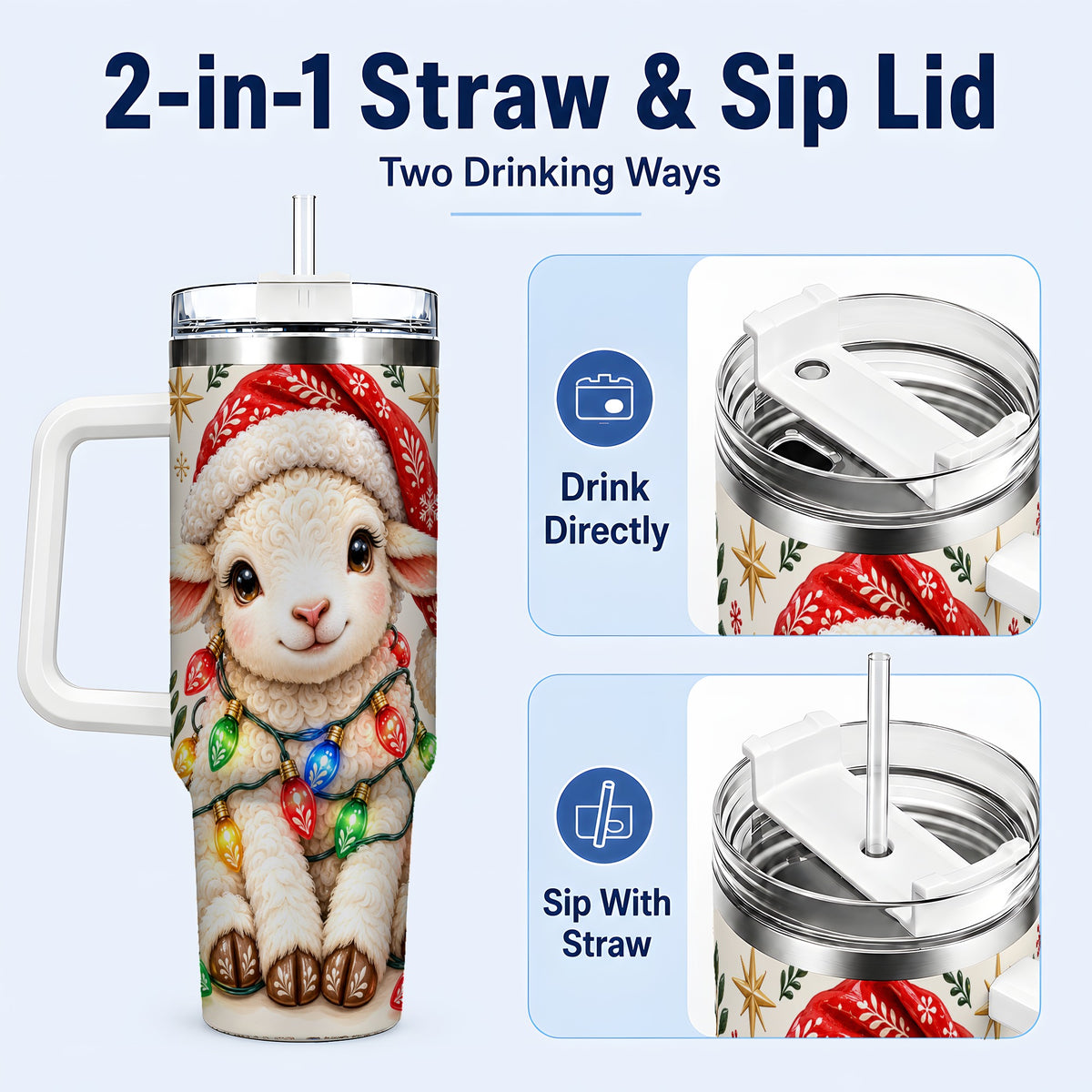 #pl[40oz|White] Christmas Sheep 40oz Tumbler with Handle, Cute Holiday Lamb Design