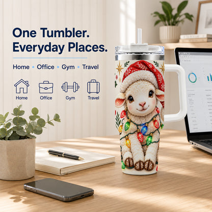 Christmas Sheep 40oz Tumbler with Handle, Cute Holiday Lamb Design