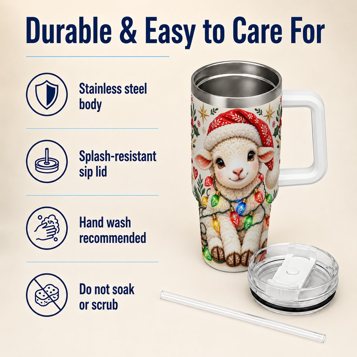 Christmas Sheep 40oz Tumbler with Handle, Cute Holiday Lamb Design