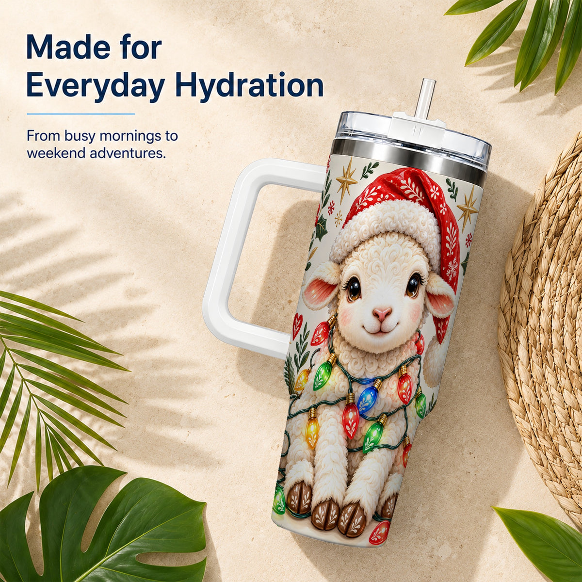 Christmas Sheep 40oz Tumbler with Handle, Cute Holiday Lamb Design