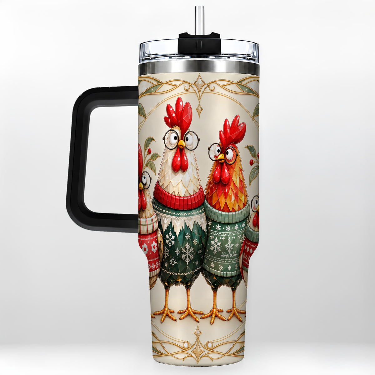 #pl[40oz|Black] Christmas Chickens 40oz Tumbler with Handle, Funny Farm Animal Design