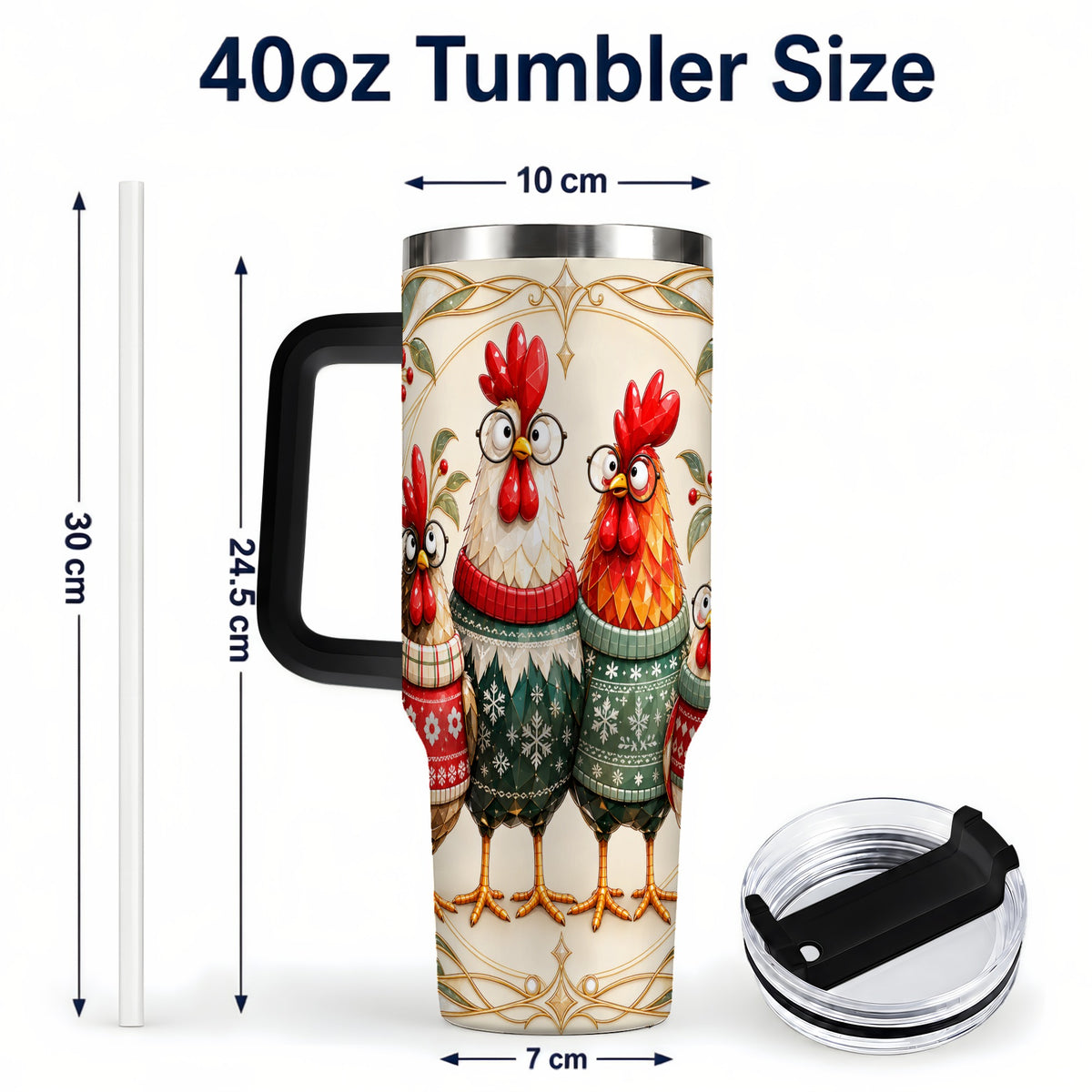 #pl[40oz|Black] Christmas Chickens 40oz Tumbler with Handle, Funny Farm Animal Design