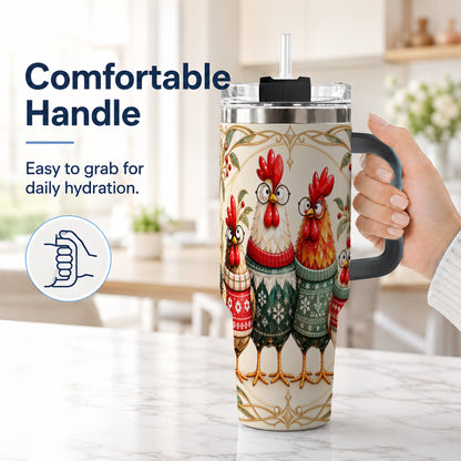#pl[40oz|Black] Christmas Chickens 40oz Tumbler with Handle, Funny Farm Animal Design
