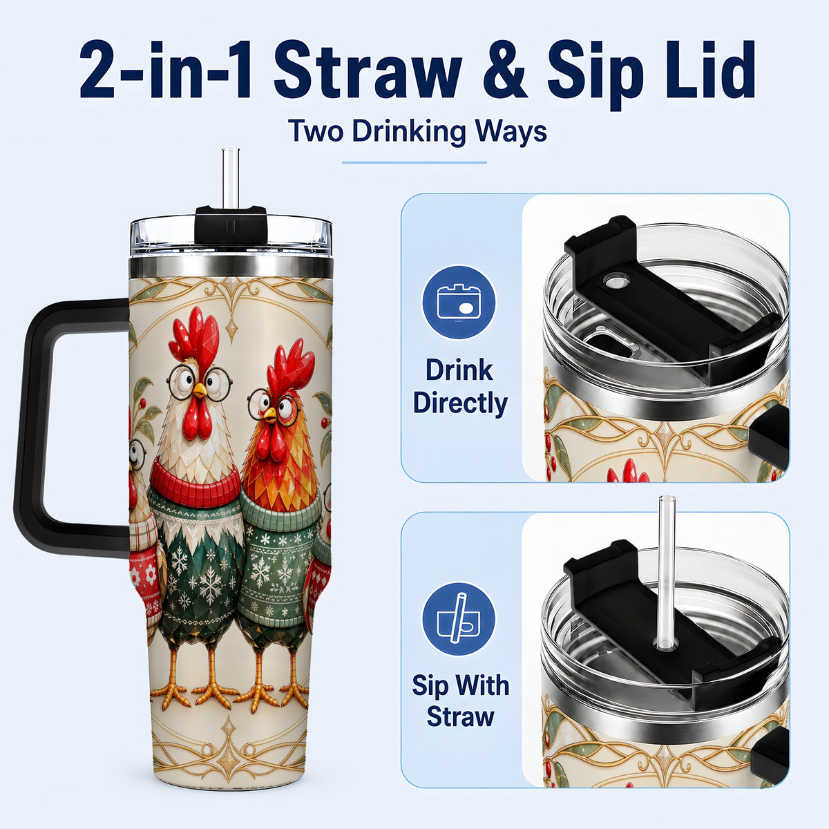 #pl[40oz|Black] Christmas Chickens 40oz Tumbler with Handle, Funny Farm Animal Design
