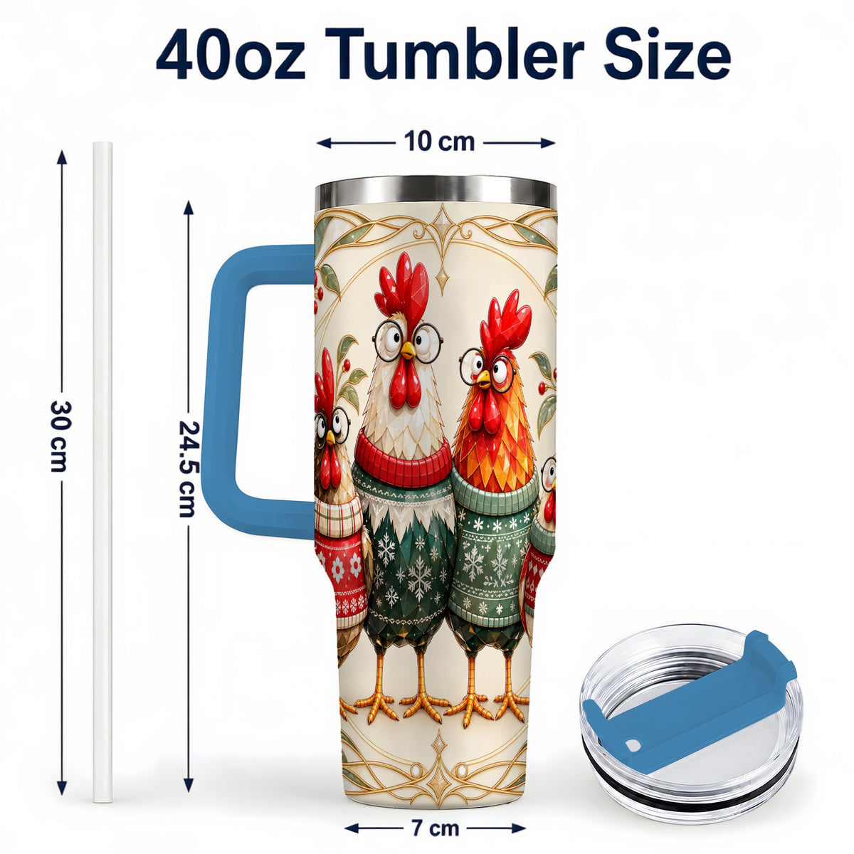 #pl[40oz|Blue] Christmas Chickens 40oz Tumbler with Handle, Funny Farm Animal Design