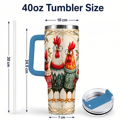 #pl[40oz|Blue] Christmas Chickens 40oz Tumbler with Handle, Funny Farm Animal Design