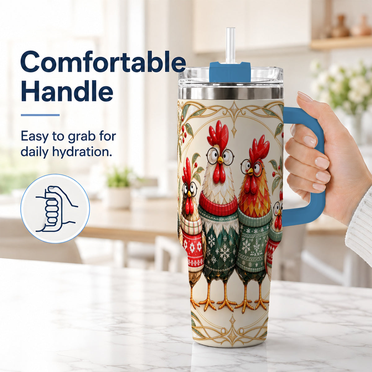 #pl[40oz|Blue] Christmas Chickens 40oz Tumbler with Handle, Funny Farm Animal Design