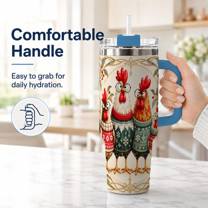 #pl[40oz|Blue] Christmas Chickens 40oz Tumbler with Handle, Funny Farm Animal Design