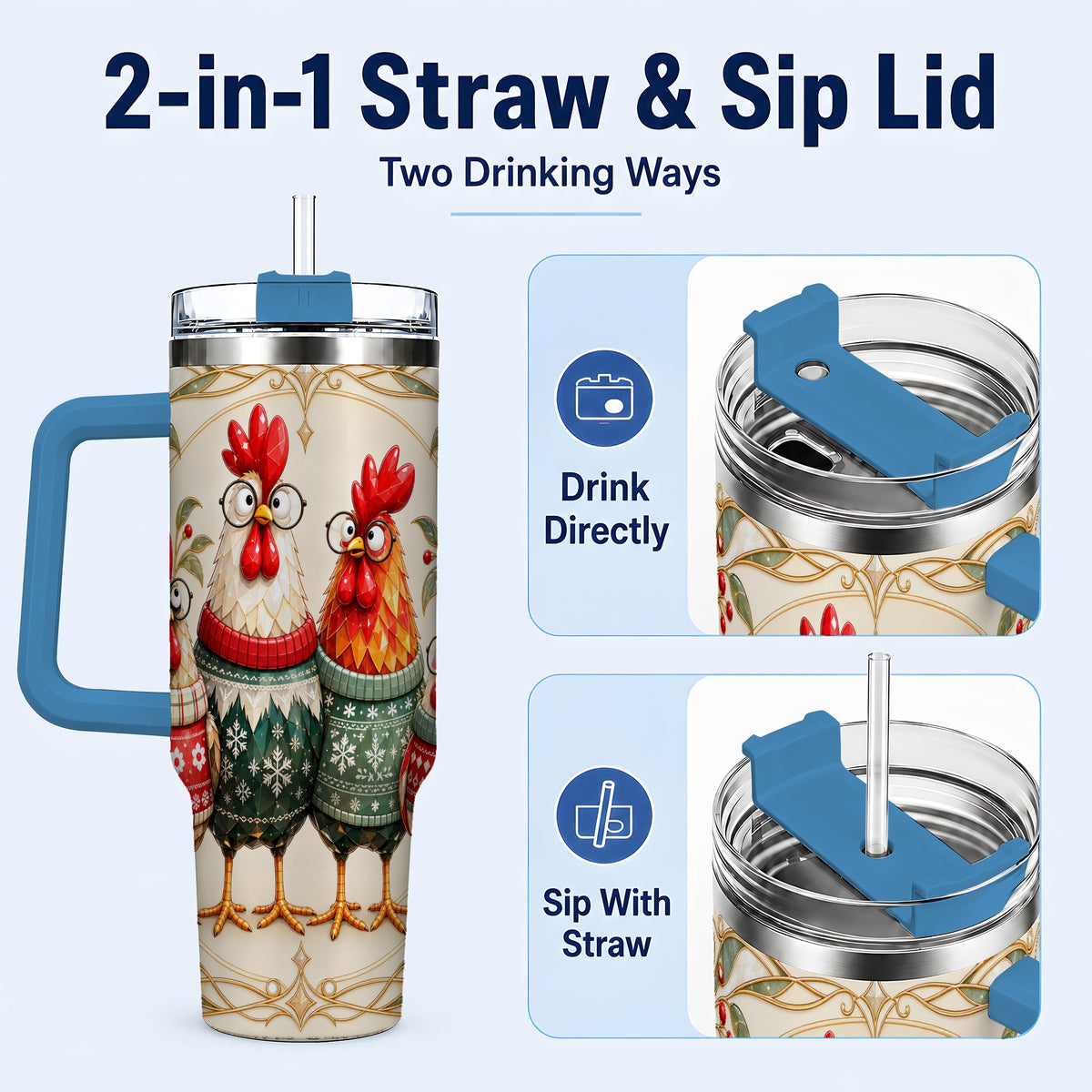 #pl[40oz|Blue] Christmas Chickens 40oz Tumbler with Handle, Funny Farm Animal Design