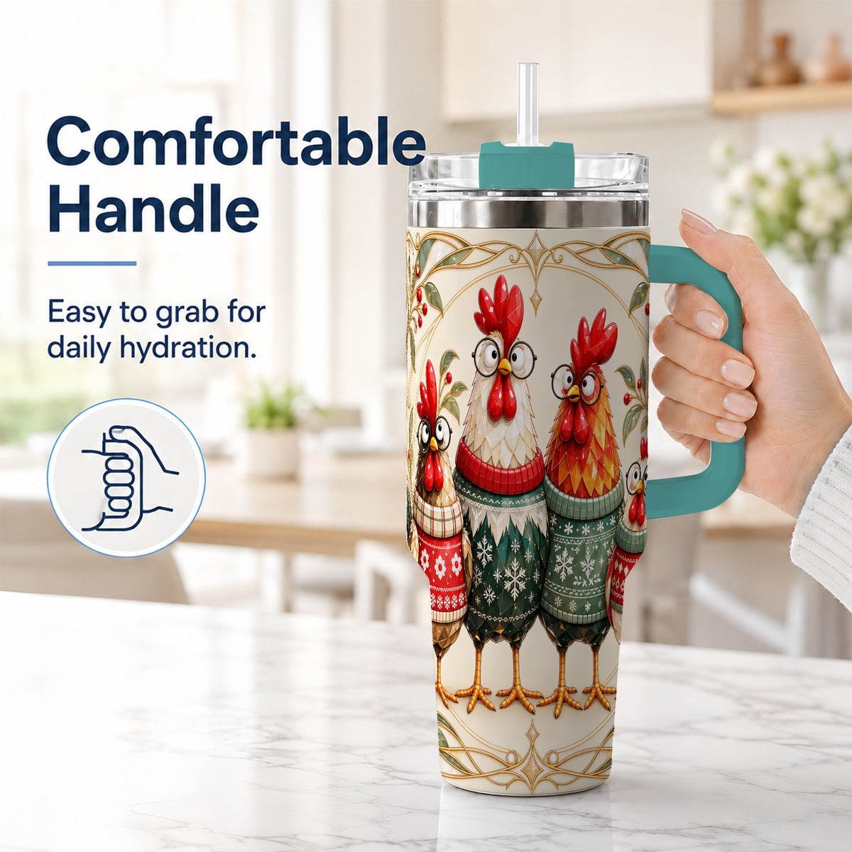 #pl[40oz|Green] Christmas Chickens 40oz Tumbler with Handle, Funny Farm Animal Design