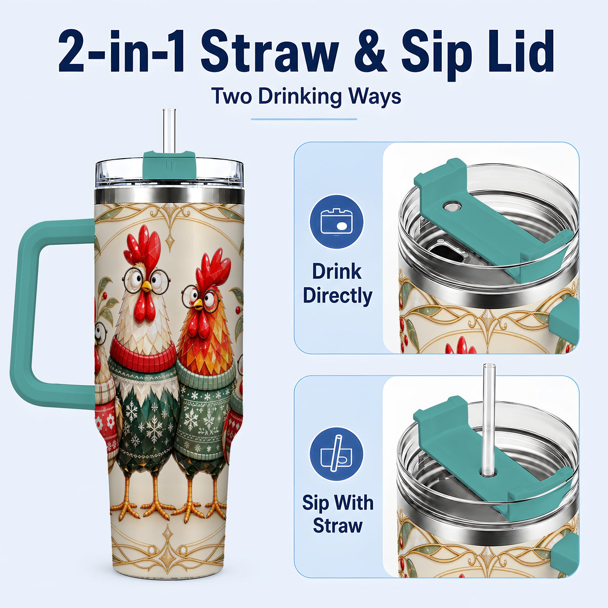 #pl[40oz|Green] Christmas Chickens 40oz Tumbler with Handle, Funny Farm Animal Design