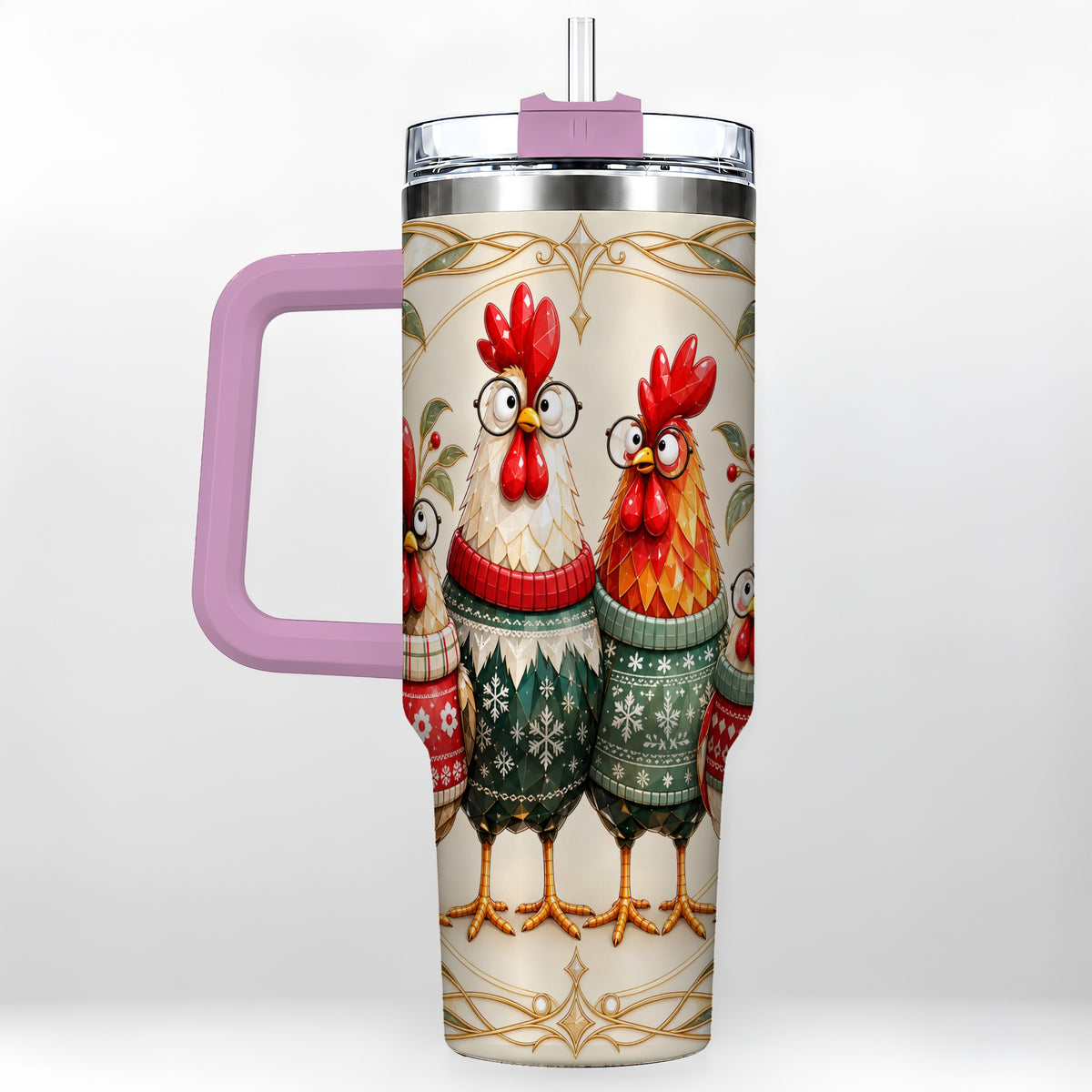 #pl[40oz|Pink] Christmas Chickens 40oz Tumbler with Handle, Funny Farm Animal Design