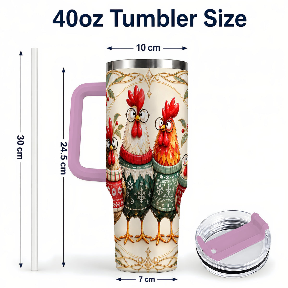 #pl[40oz|Pink] Christmas Chickens 40oz Tumbler with Handle, Funny Farm Animal Design
