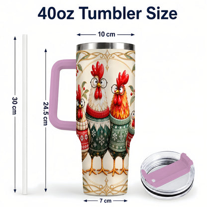 #pl[40oz|Pink] Christmas Chickens 40oz Tumbler with Handle, Funny Farm Animal Design