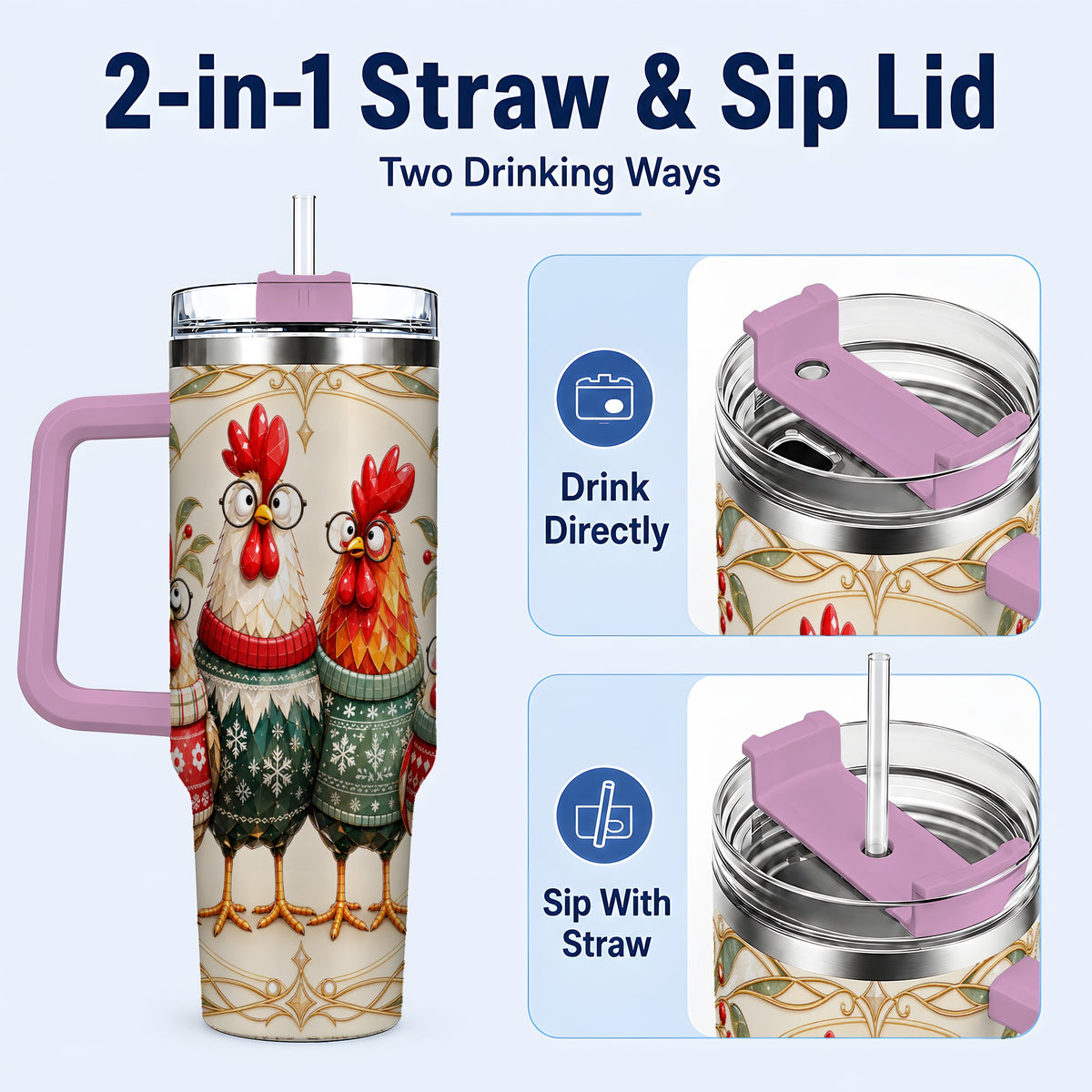 #pl[40oz|Pink] Christmas Chickens 40oz Tumbler with Handle, Funny Farm Animal Design
