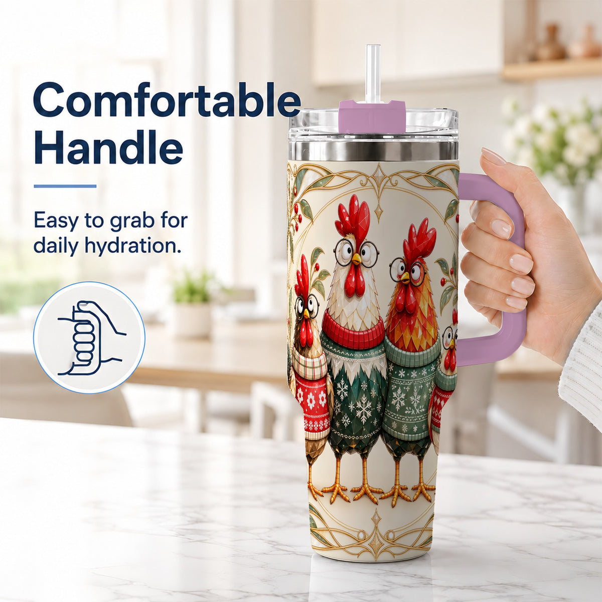 #pl[40oz|Pink] Christmas Chickens 40oz Tumbler with Handle, Funny Farm Animal Design