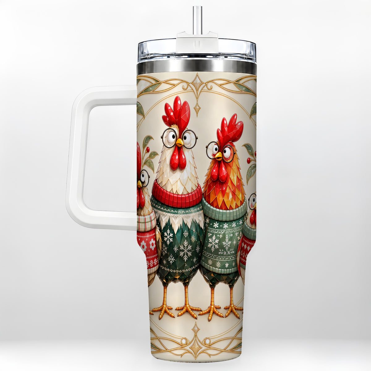Christmas Chickens 40oz Tumbler with Handle, Funny Farm Animal Design