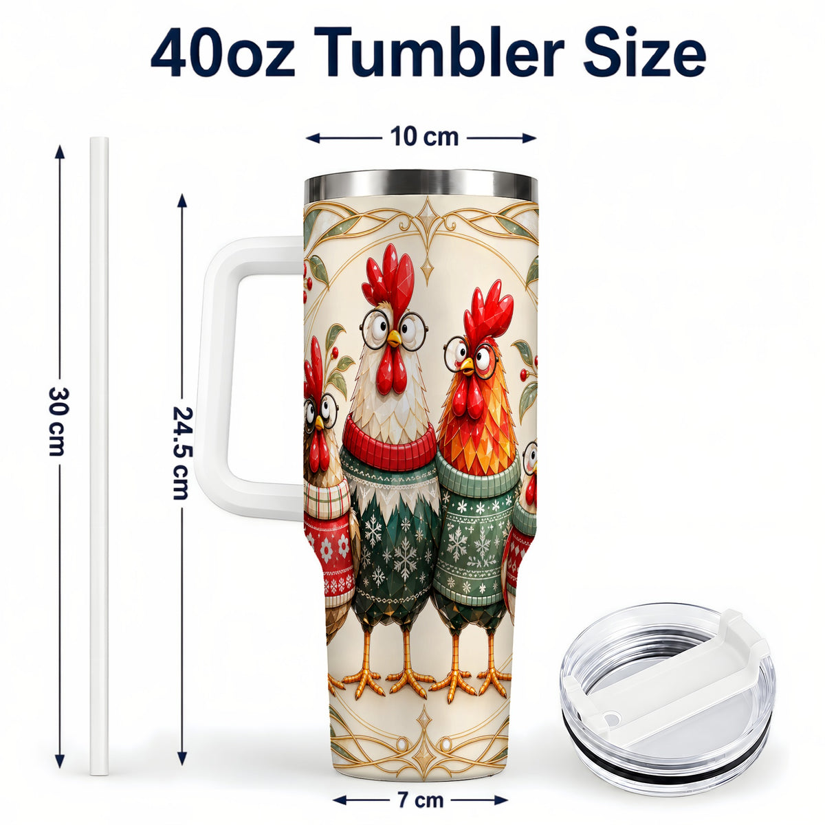 #pl[40oz|White] Christmas Chickens 40oz Tumbler with Handle, Funny Farm Animal Design