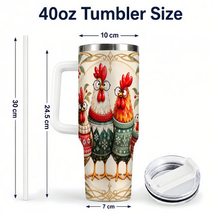#pl[40oz|White] Christmas Chickens 40oz Tumbler with Handle, Funny Farm Animal Design