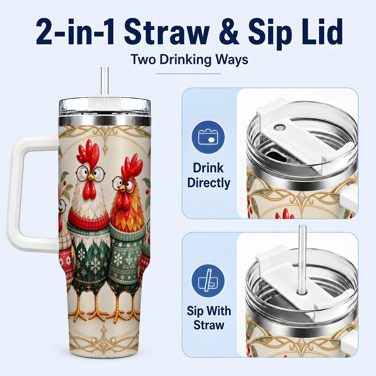 #pl[40oz|White] Christmas Chickens 40oz Tumbler with Handle, Funny Farm Animal Design