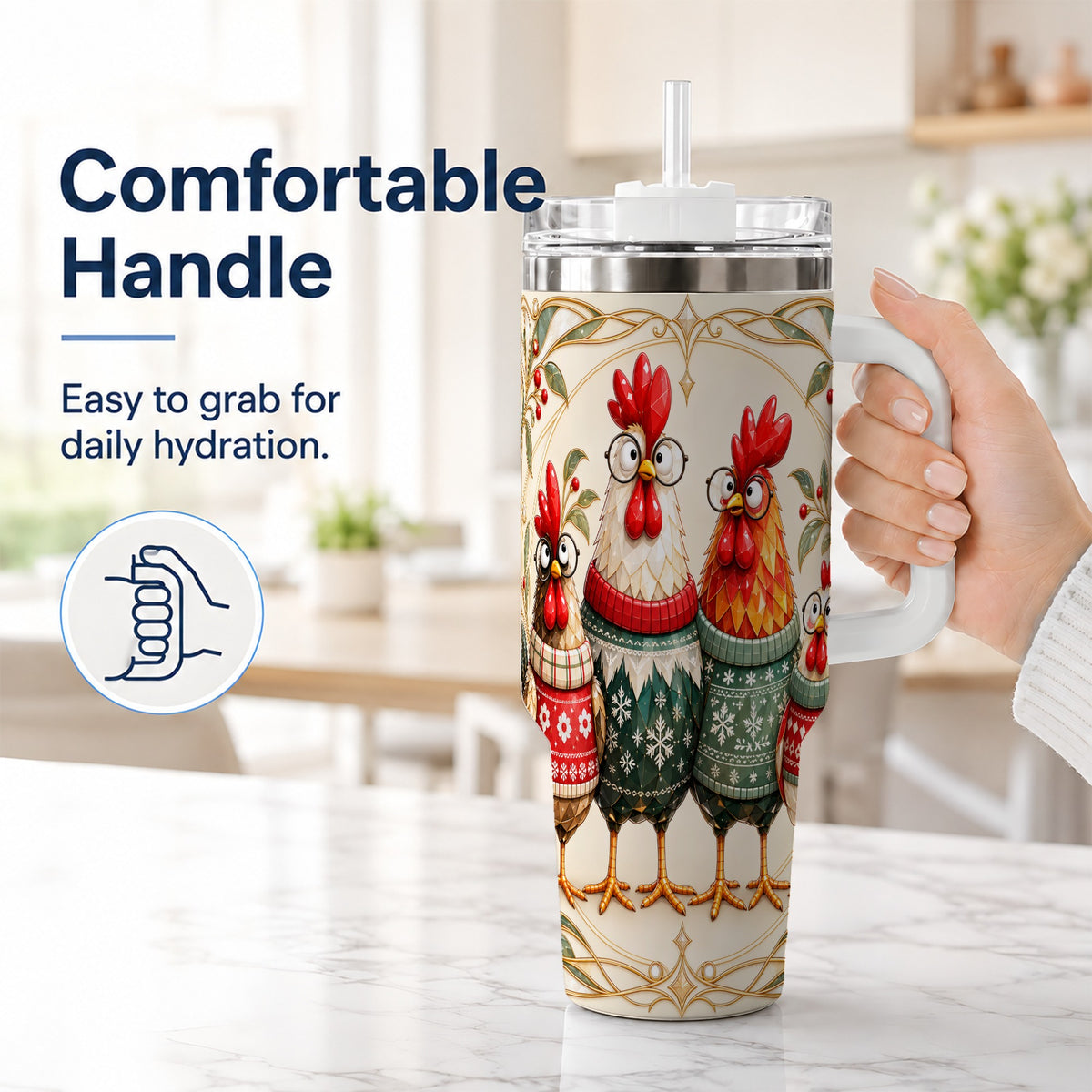 #pl[40oz|White] Christmas Chickens 40oz Tumbler with Handle, Funny Farm Animal Design