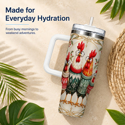 Christmas Chickens 40oz Tumbler with Handle, Funny Farm Animal Design