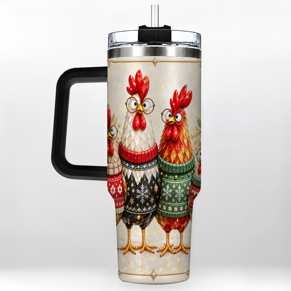 #pl[40oz|Black] Christmas Chickens 40oz Tumbler with Handle, Festive Hen Family Design