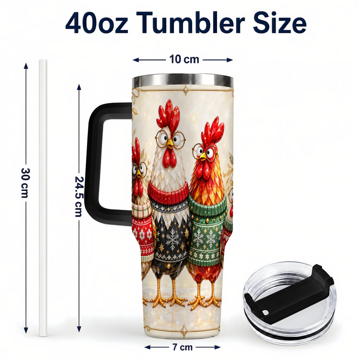 #pl[40oz|Black] Christmas Chickens 40oz Tumbler with Handle, Festive Hen Family Design